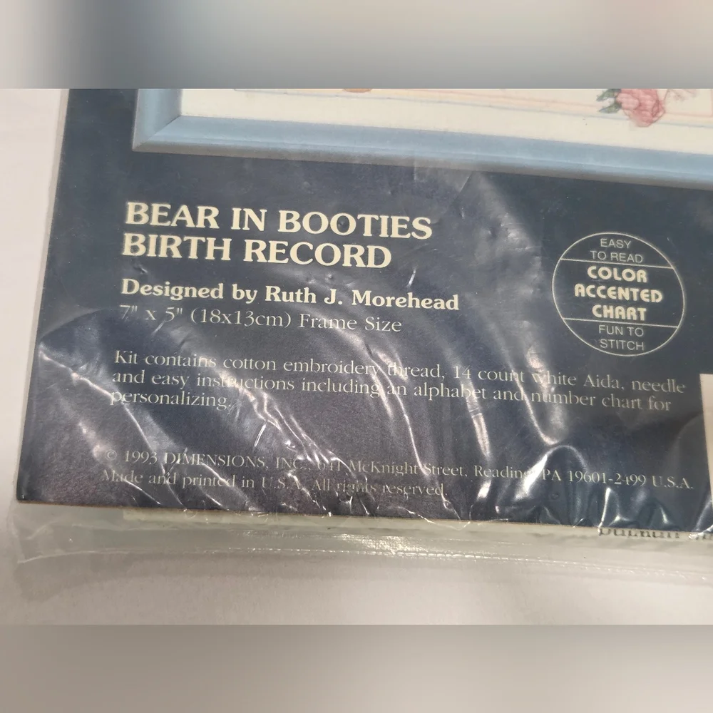 Jiffy Counted Cross Stitch Bear In Booties Birth Record Kit 16600 Sealed